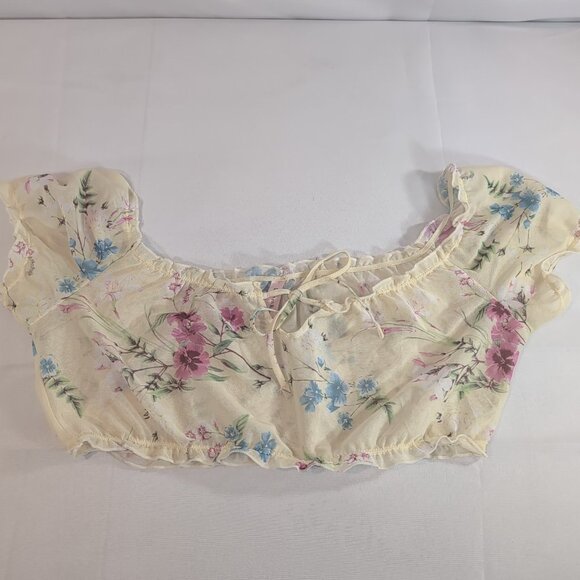 La Vie En Rose Sheer Yellow Floral Short Sleeve Poof Shirt Top M Medium Mesh - Picture 1 of 10